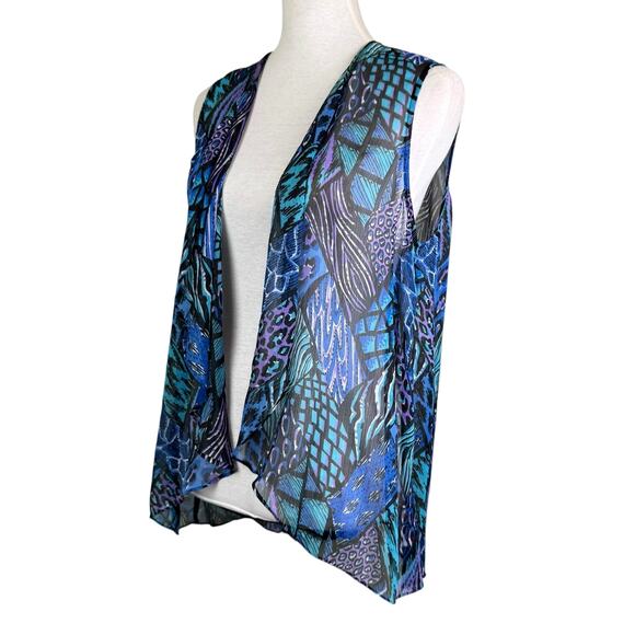 Bob Mackie Blue Purple Print Sheer Chiffon Sleeveless Western Layering Vest - Picture 2 of 10